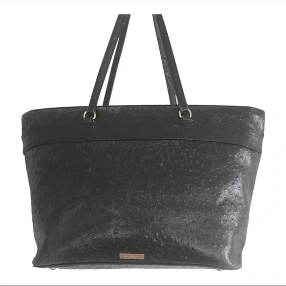 Kate Spade Ostrich Leather Travel Tote Handbag Women Black Pebbled Bow Large - Picture 2 of 16